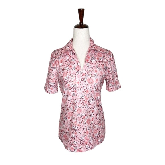 Vintage 70s Flower Power Pink Floral Collared Polyester Short Sleeve Top - Picture 2 of 7